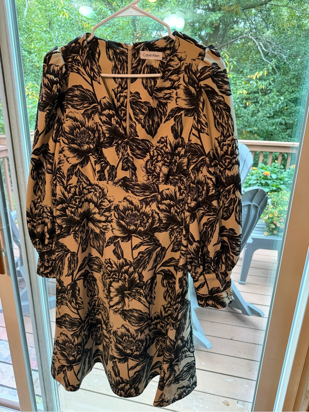 Calvin Klein Black and Beige Floral V-Neck Dress